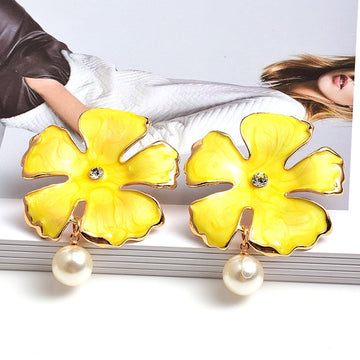 Flower-Shaped Metal Oiled Dangle Drop Earrings - SunsetFashionLA